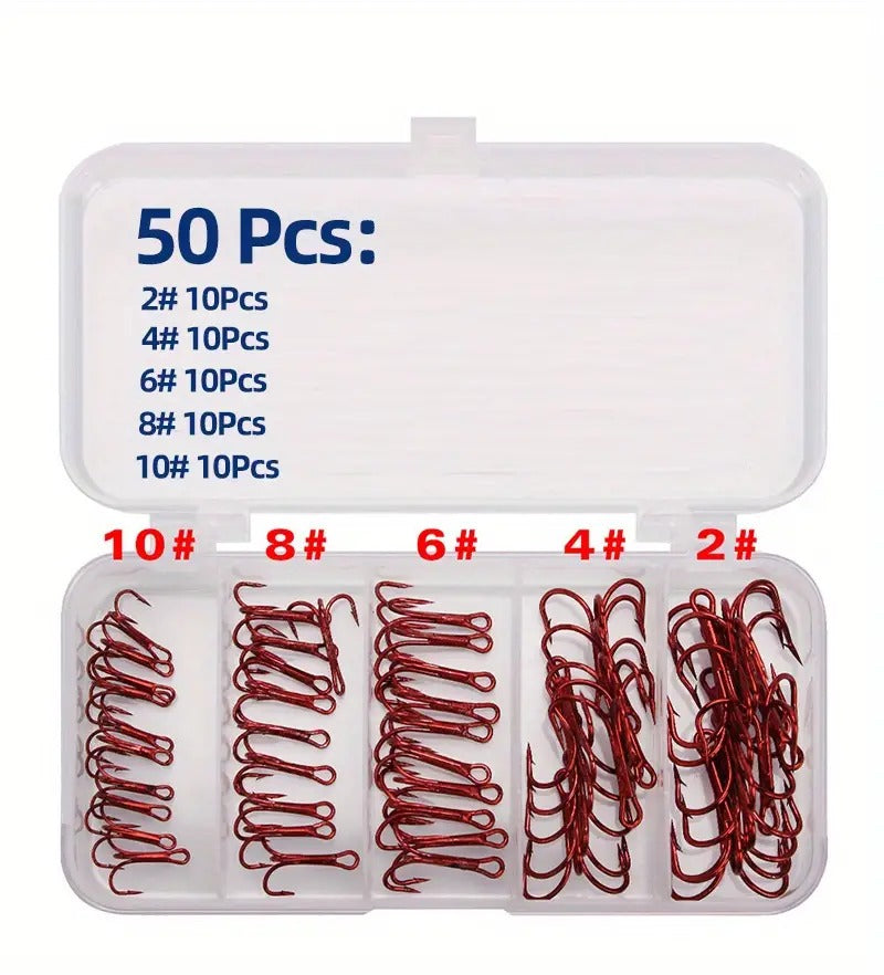 50 pcs Treble Hook Carbon Steel hooks with Tackle Box